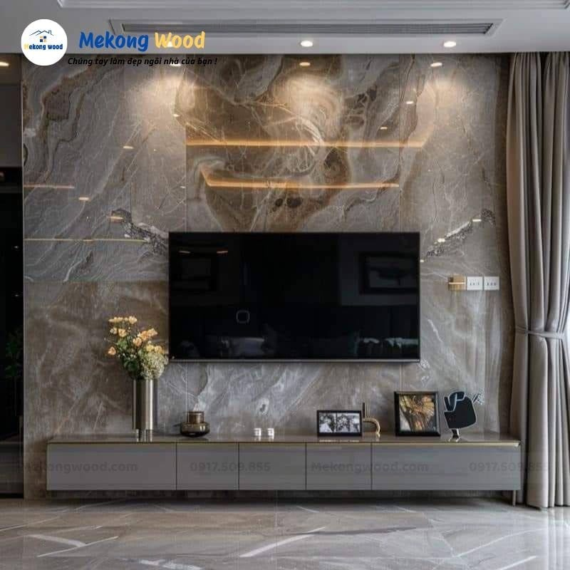 vách tivi ốp đá thạch anh và nan gỗ
