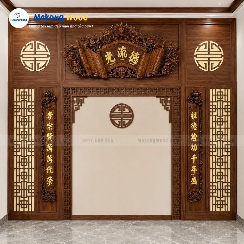Hình ảnh bộ cuốn thư câu đối được treo trên vách thờ