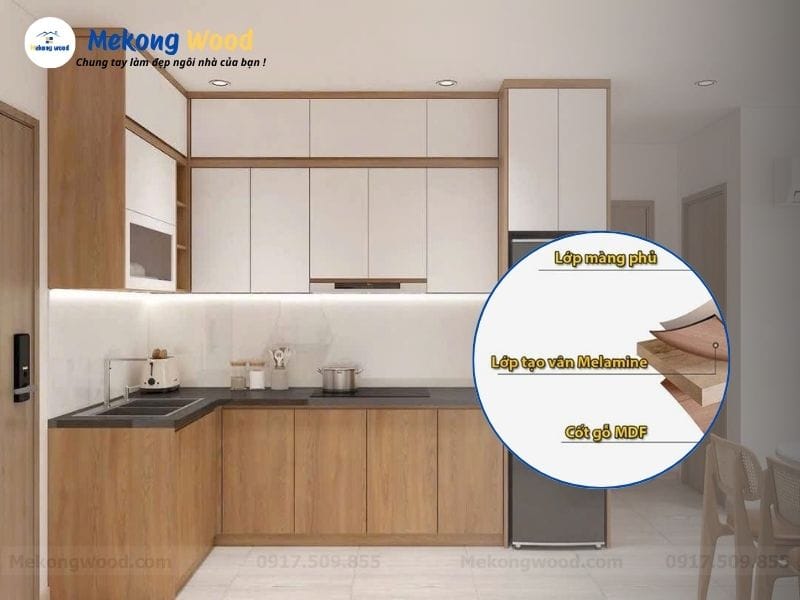 Cấu tạo của gỗ mdf phủ melamine làm tủ bếp