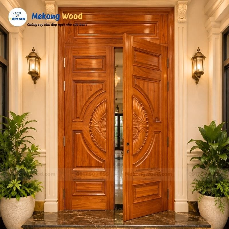 Mẫu cửa chính gỗ gõ đỏ 2 cánh phòng khách