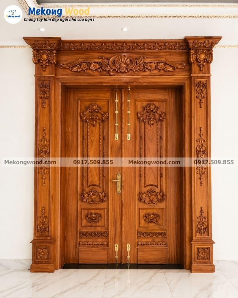Mẫu cửa chính tân cổ điển 2 cánh làm bằng gỗ gõ đỏ