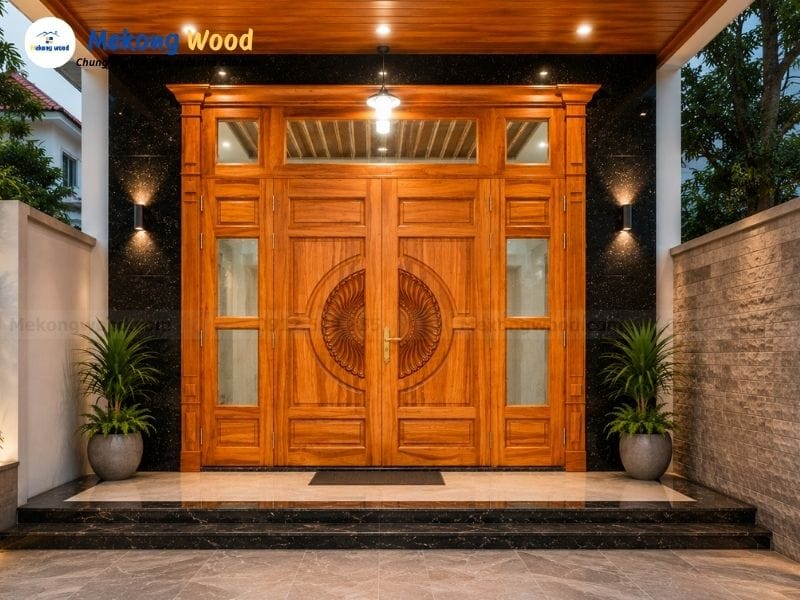 Hình ảnh cửa gỗ gõ đỏ 4 cánh kết hợp kính