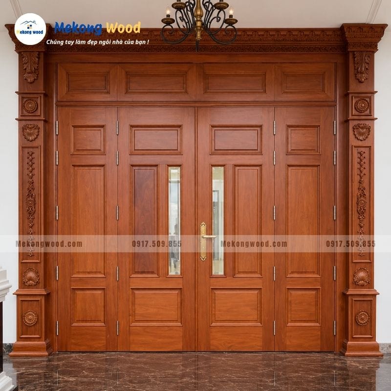 Mẫu cửa gỗ căm xe 4 cánh mặt tiền nhà phố sang trọng tại xưởng Mekongwood