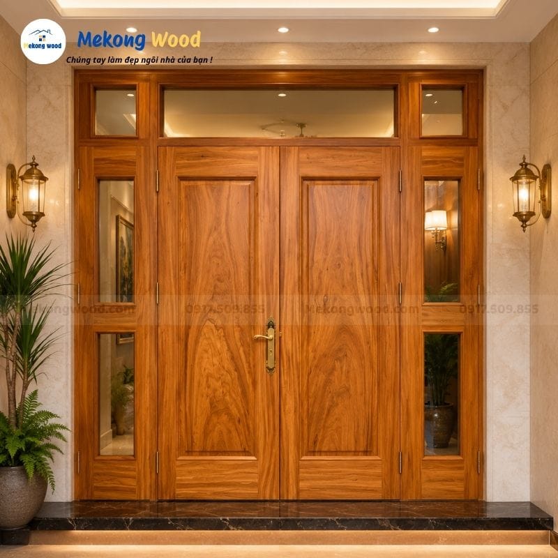 Hình ảnh cửa gỗ gõ đỏ 4 cánh cao cấp ,sang trọng và hiện đại
