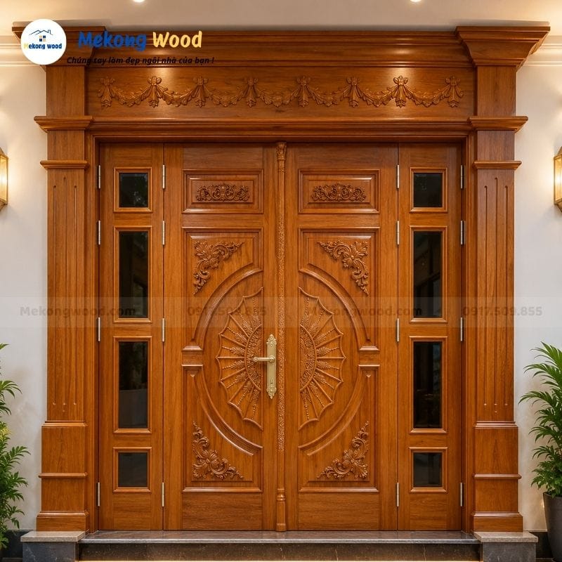 Mẫu cửa gỗ gõ đỏ 4 cánh cao cấp và sang trọng