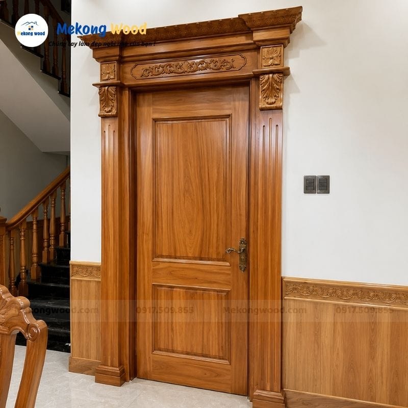 Mẫu cửa phòng 1 cánh bằng gỗ gõ đỏ sang trọng