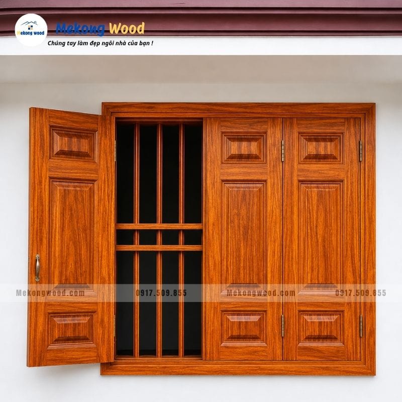 Hình ảnh mẫu cửa sổ gỗ 3 cánh song cửa tròn
