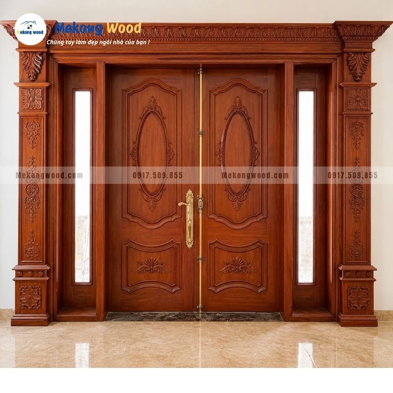 Hình ảnh thiết kế cửa gỗ căm xe 4 cánh kết hợp kính sang trọng