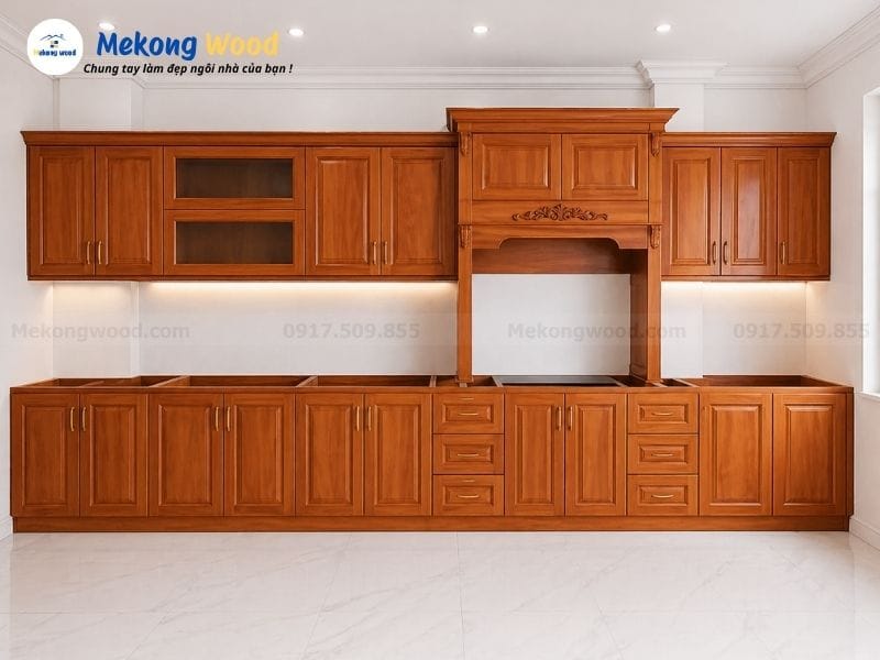 Hình ảnh mẫu tủ bếp đang được thi công lắp ráp