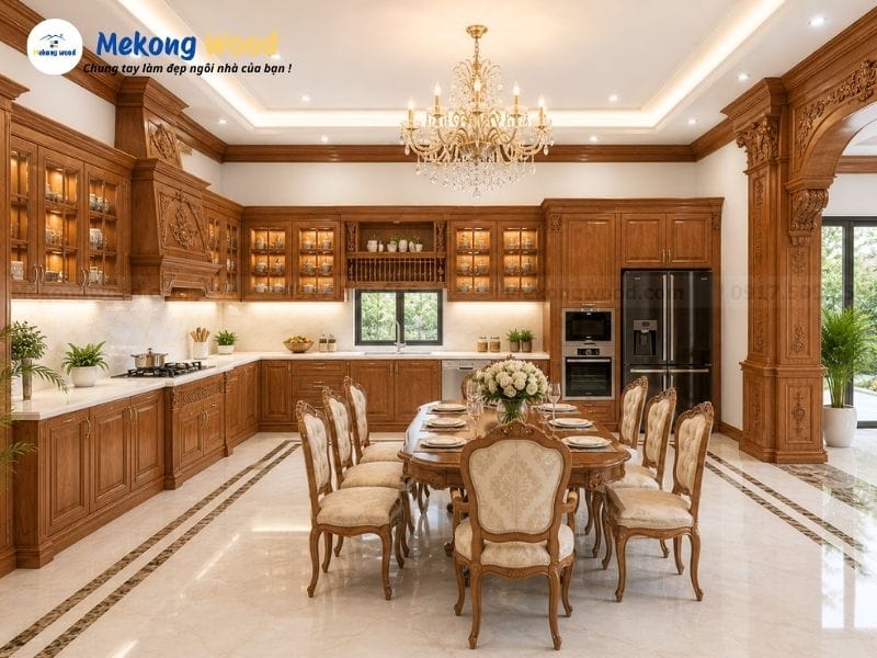 hình ảnh mẫu tủ bếp tân cổ điển bằng gỗ gõ đỏ