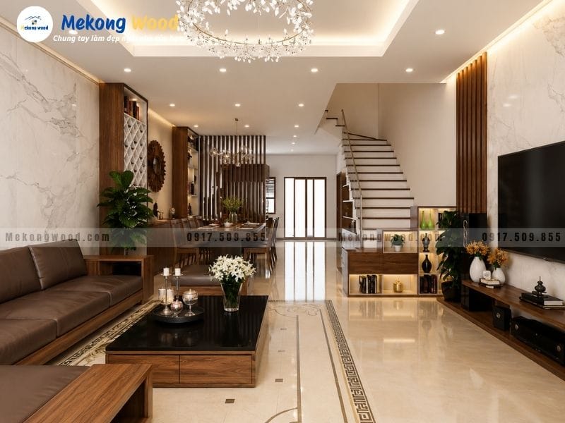 Sử dụng sofa gỗ và hệ vách để trang trí phòng khách nhà phố hiện đại