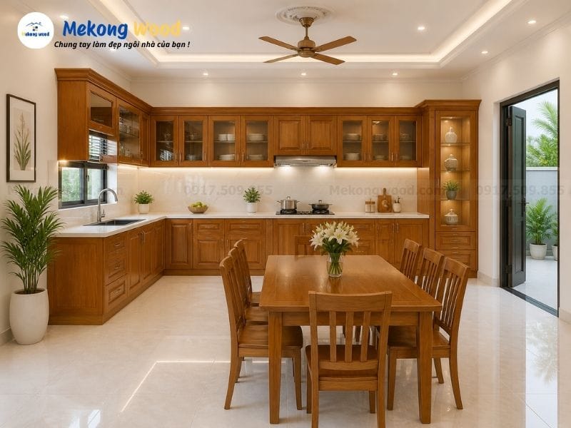 hình ảnh phòng bếp đồng bộ với tủ bếp và bộ bàn ăn gỗ gõ đỏ
