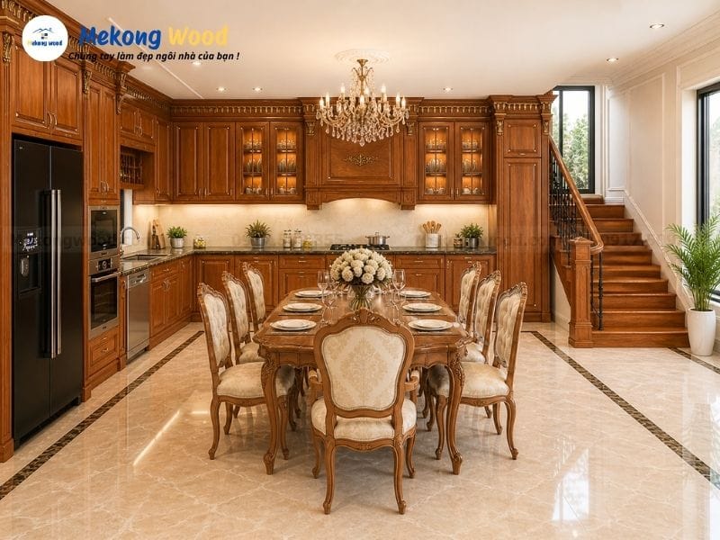 hình ảnh căn phòng bếp tân cổ điển với gỗ gõ đỏ sang trọng