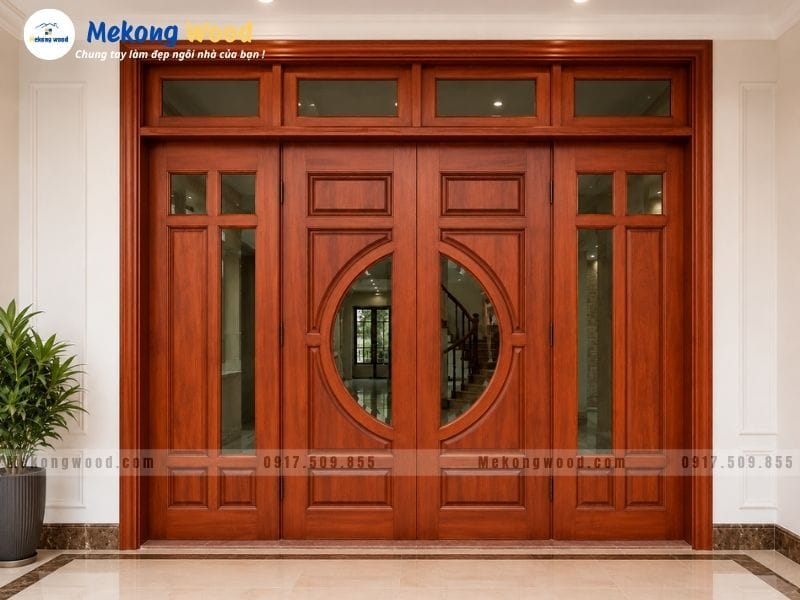 Hình ảnh cửa gỗ nhà phố bằng gỗ căm xe kết hợp kính