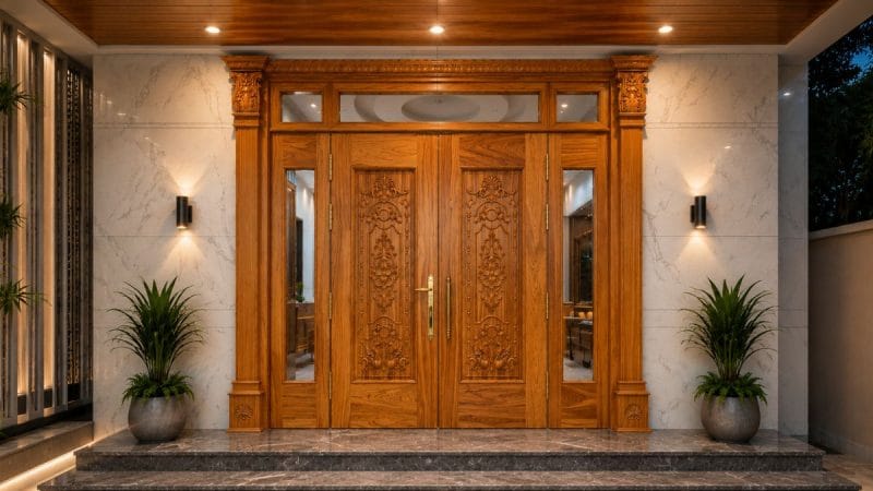 Hình ảnh cửa gỗ gõ đỏ 4 cánh sang trọng-mekongwood