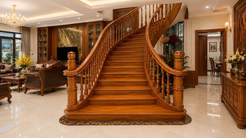 Mẫu cầu thang gỗ gõ đỏ tại Mekongwood