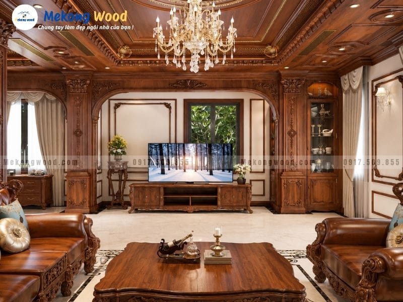 Thiết kế phòng khách biêt thự với nội thất gỗ tân cổ điển sang trọng và đẳng cấp