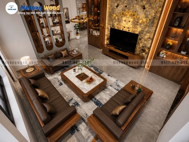 Decor nội thất phòng khách đồng bộ màu gỗ kết hợp điểm nhấn vách tivi ốp đá