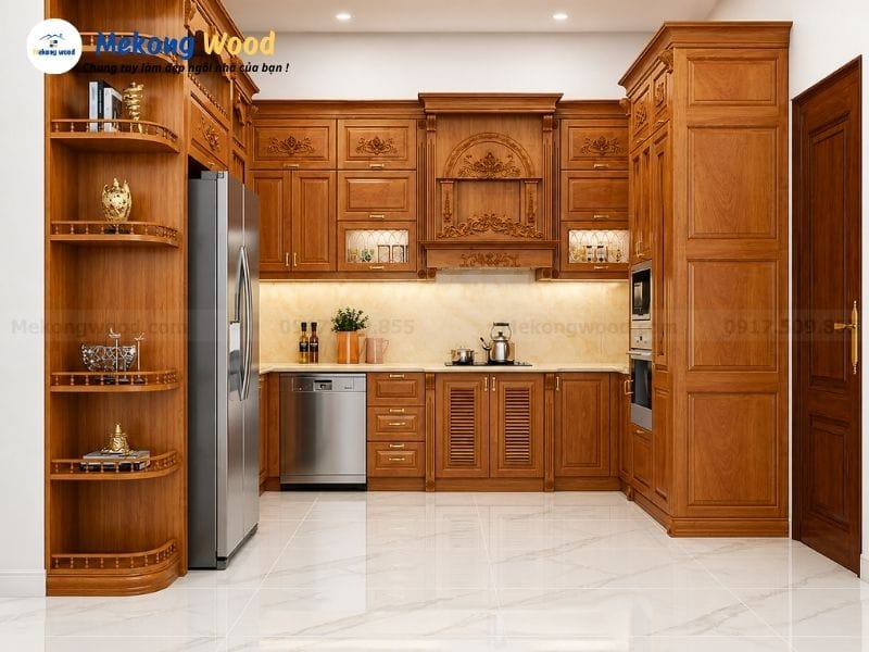 Mẫu tủ bếp gỗ gõ đỏ tự nhiên chữ U cao cấp