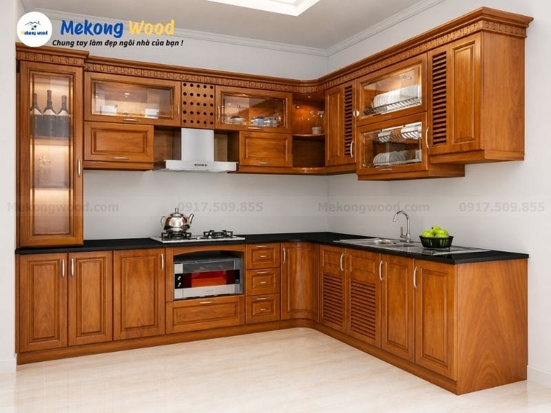 Mẫu tủ bếp gỗ gõ đỏ tự nhiên kết hợp cánh kính