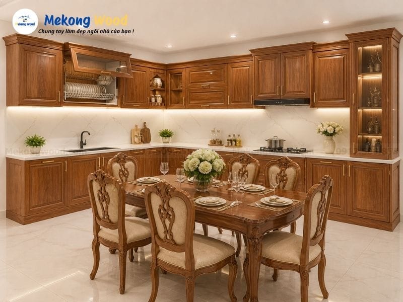 tủ bếp gỗ gõ đỏ hiện đại