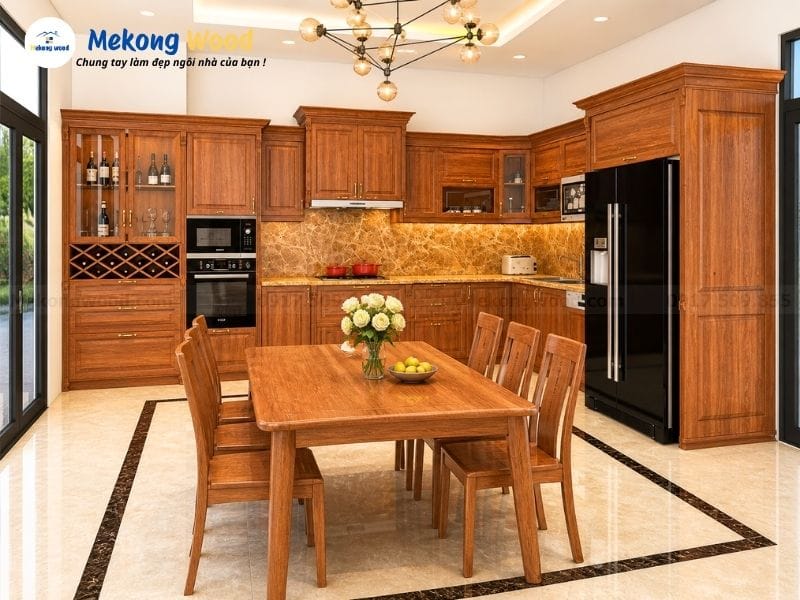 mẫu tủ bếp gỗ gõ đỏ nam phi sang trọng