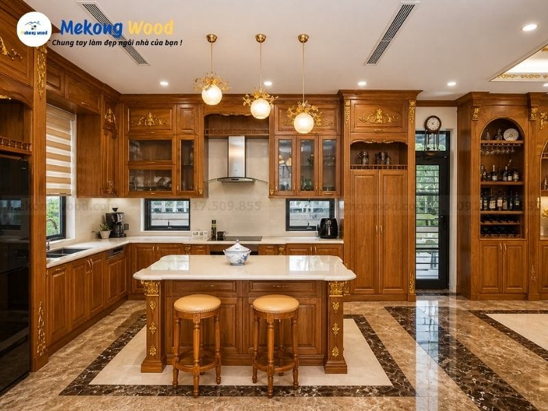mẫu tủ bếp gỗ gõ đỏ tân cổ điển cao cấp