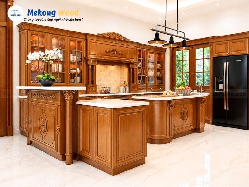 hình ảnh tủ bếp tân cổ diển gỗ gõ đỏ pachy