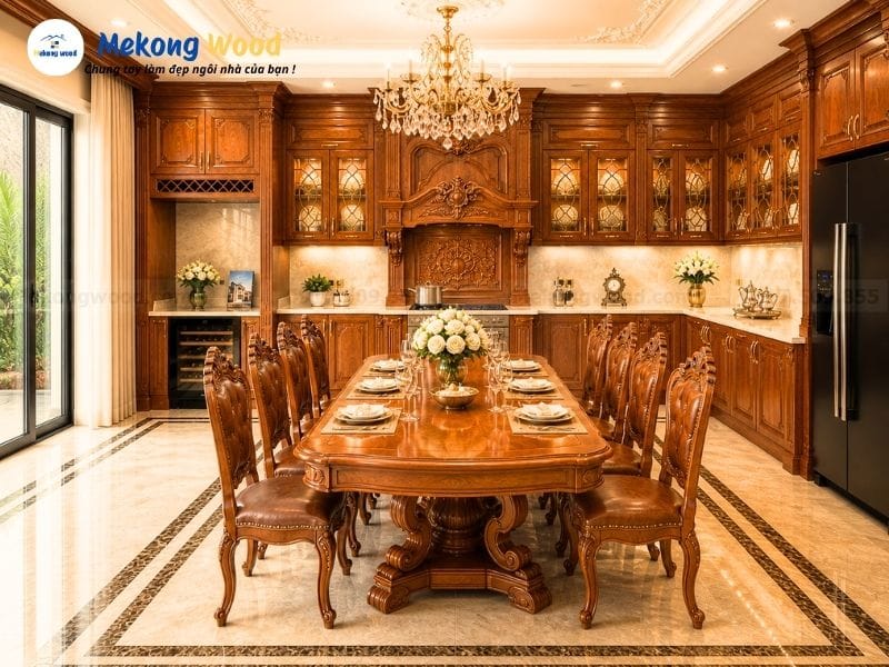 Thiết kế phòng bếp với tủ bếp và bộ bàn ăn tân cổ điển sang trọng và cao cấp