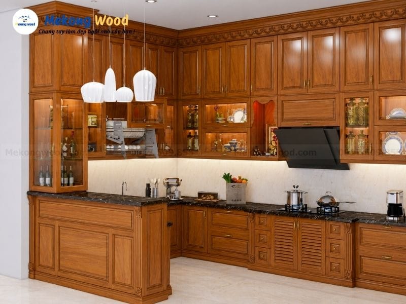 Hình ảnh mẫu tủ bếp gỗ gõ đỏ tự nhiên đẹp hiện đại