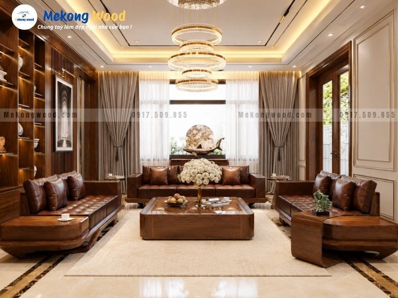 Thiết kế phòng khách luxury với sofa gỗ , vách tivi kèm tủ rượu