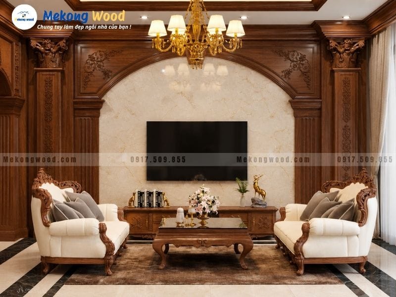 Bố trí phòng jhasch sang trọng bằng bộ ghế sofa gỗ bõ nệm và vách tivi vòm đối xứng
