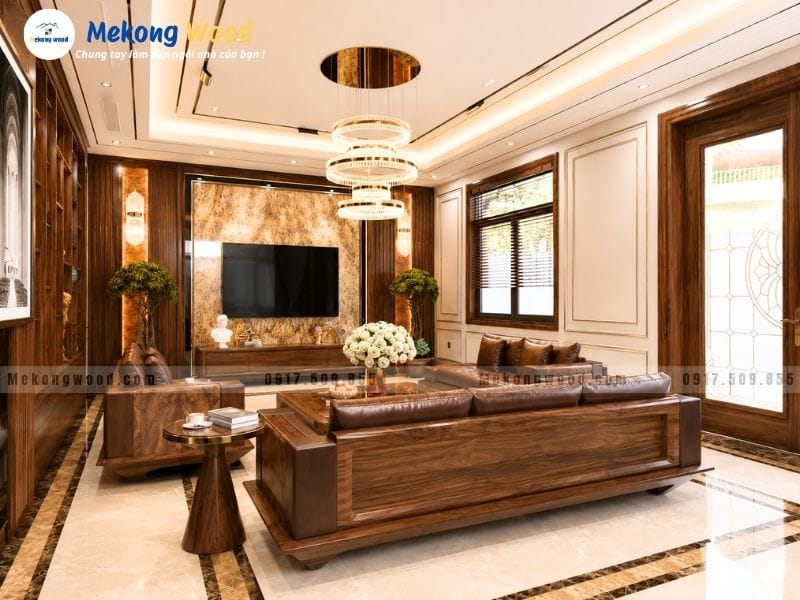 Thiết kế phòng khách luxury với nội thất gỗ kết hợp ánh sáng từ vách tivi và đèn thả xuống