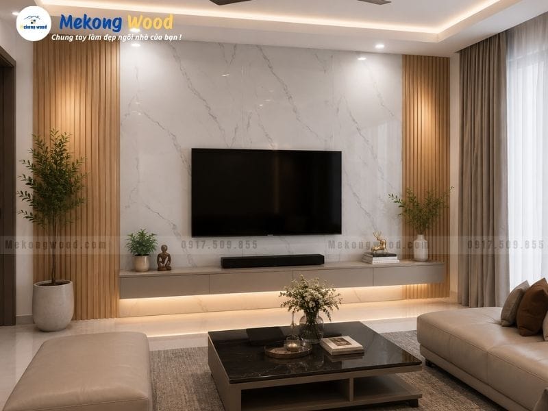 Hình ảnh vách tivi với tấm nhựa pvc vân đá