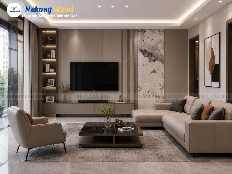 Mẫu hình ảnh thiết kế vách tivi với tấm ốp tường