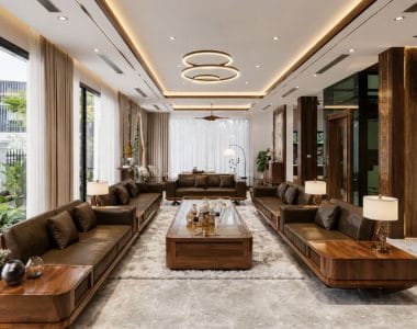 Thiết kế phòng khách đẹp với sofa gỗ , đèn thả, thàm kèm vách tivi sang trọng