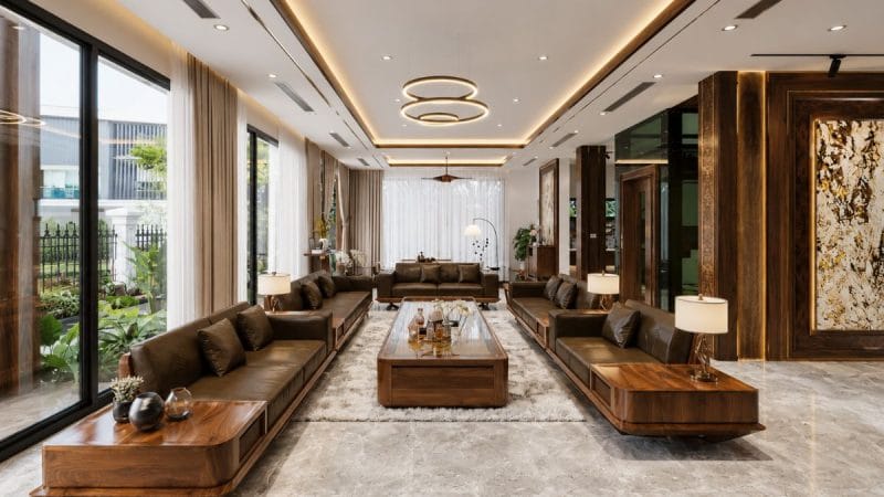 Thiết kế phòng khách đẹp với sofa gỗ , đèn thả, thàm kèm vách tivi sang trọng