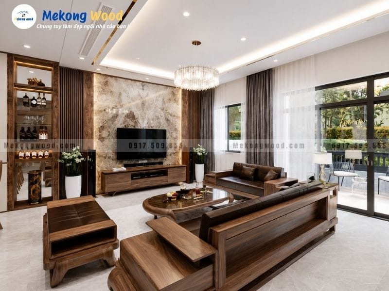 Thiết kế nội thất phòng khách theo phong cách hiện đại gỗ kết hợp đá