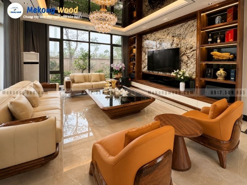 Hình ảnh nội thất phòng cách Luxury sang trọng với sofa nệ, kết hợp với nội thất gỗ