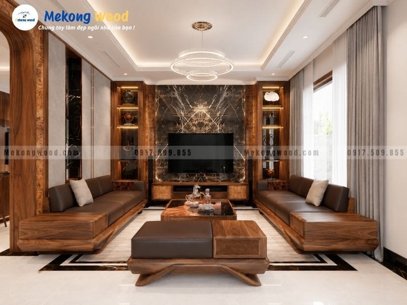 Bố trí nội thất gỗ tự nhiên cho phòng khách cho căn hộ cao cấp