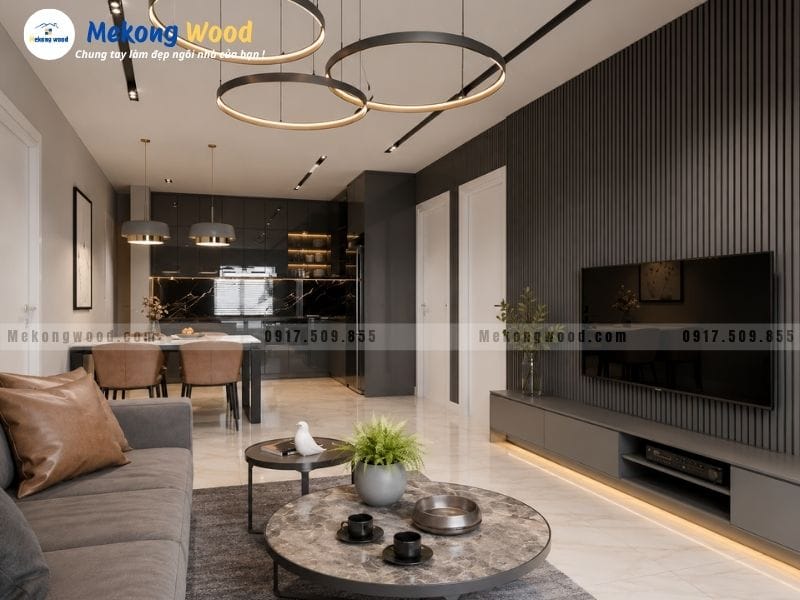 Hình ảnh phối màu nội thát phòng khách đồng bộ với phòng bếp liên thông