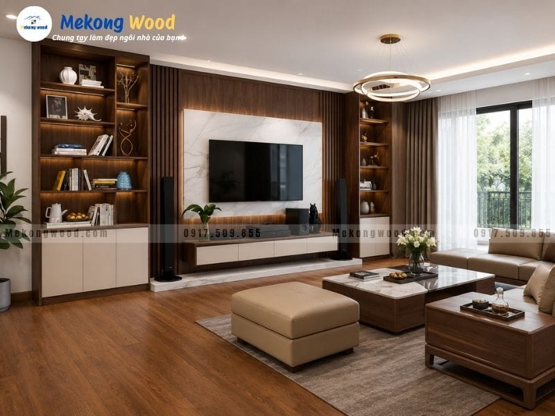 Thiết kế nội thất phòng khách chung cư đơn giản hiện đại với tone màu gỗ óc chó