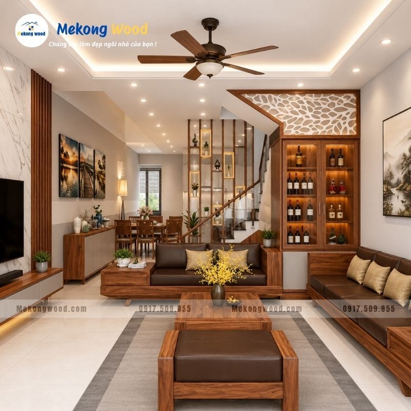 Thiết kế nội thất phòng khách nhà phố theo phong cách hiện đại với bộ sofa gỗ nệm