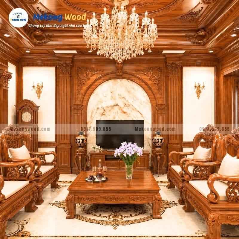 Hình ảnh thiết kế phòng khách tân cổ điển với ghế sofa gỗ , vách tivi gỗ vòm sang trọng