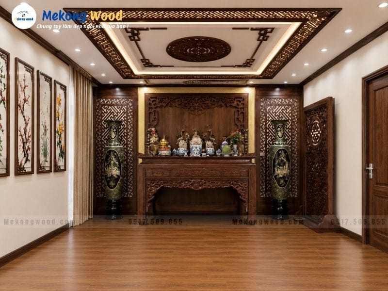 Thiết kế và trang trí trần theo hình chữ vạn chuẩn phòng thờ