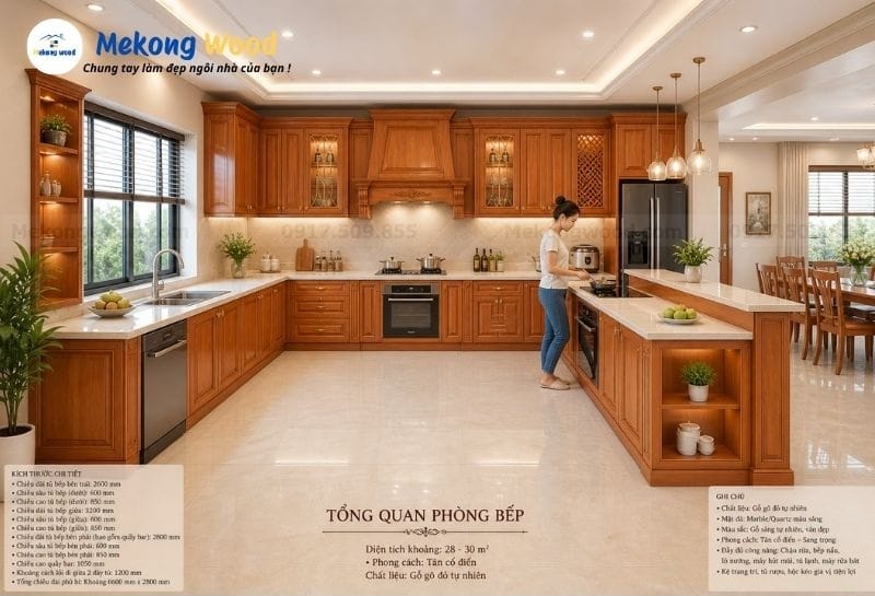 Thiết kế tủ bếp gỗ gõ đỏ