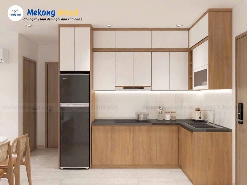 Thiết kế tủ bếp gỗ công nghiệp phủ melamine với tone màu vân gỗ
