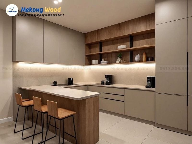 hình ảnh tủ bếp gỗ công nghiệp phủ melamine đơn màu