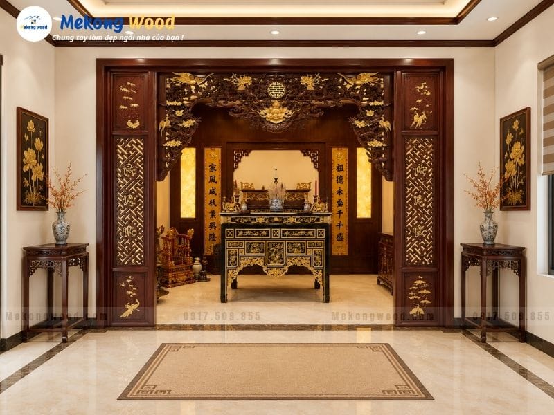 Hình ảnh trang trí phòng thờ bằng vách cnc và cửa võng ở bên ngoài phòng thờ