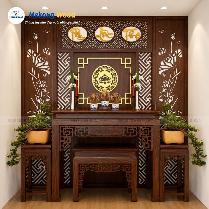 Thiết kế trang trí phòng thờ tối giản với vách cnc và chậu cây kiểng dành cho chung cư